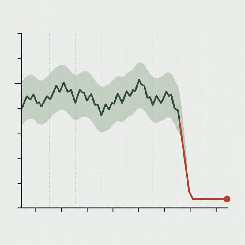 A line chart of hourly orders running inside its normal band, then dropping to a flat red line at zero.