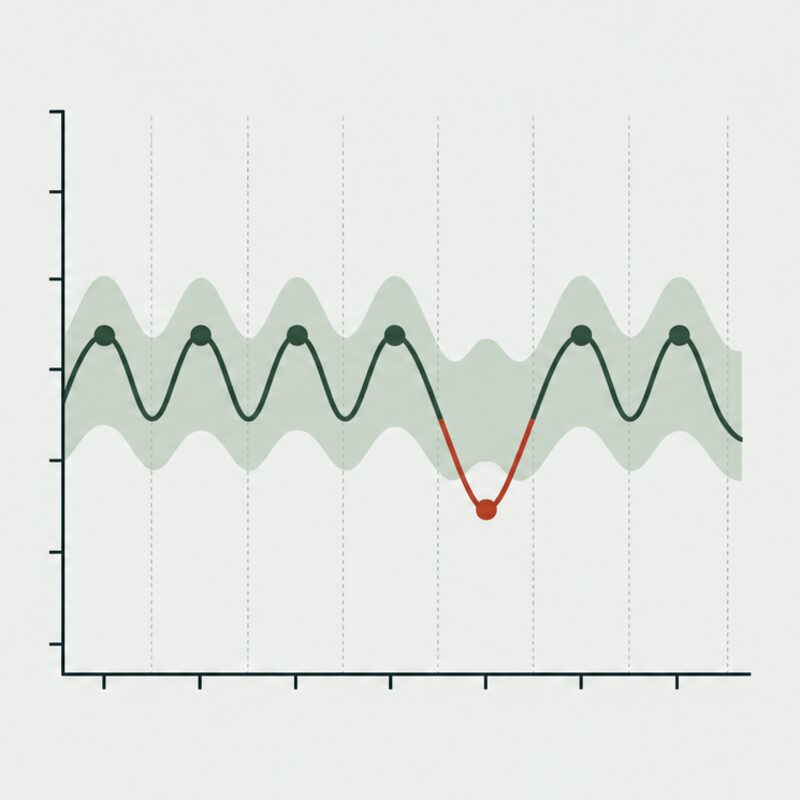 A week of daily activity peaks inside a normal band, with one day dipping below it in red.