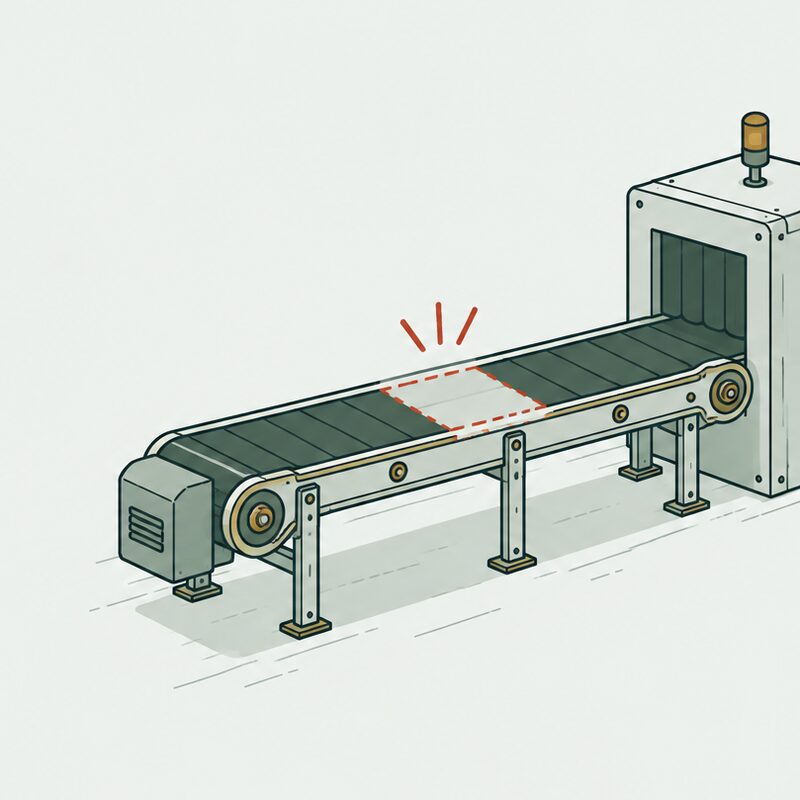 A running conveyor belt with nothing on it and a red gap where a parcel should be.
