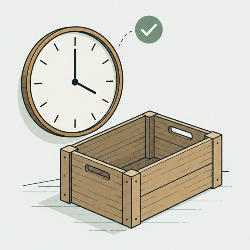 A clock with a green tick beside an empty wooden crate: the task ran on time and delivered nothing.