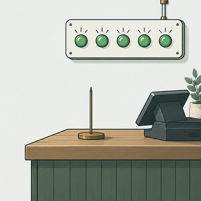 Five status lights all glowing green above an empty shop counter.